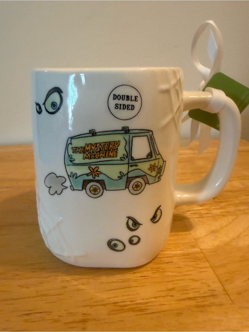 Rae Dunn White Ceramic Mug with Teal & Orange Mystery Machine Graphic